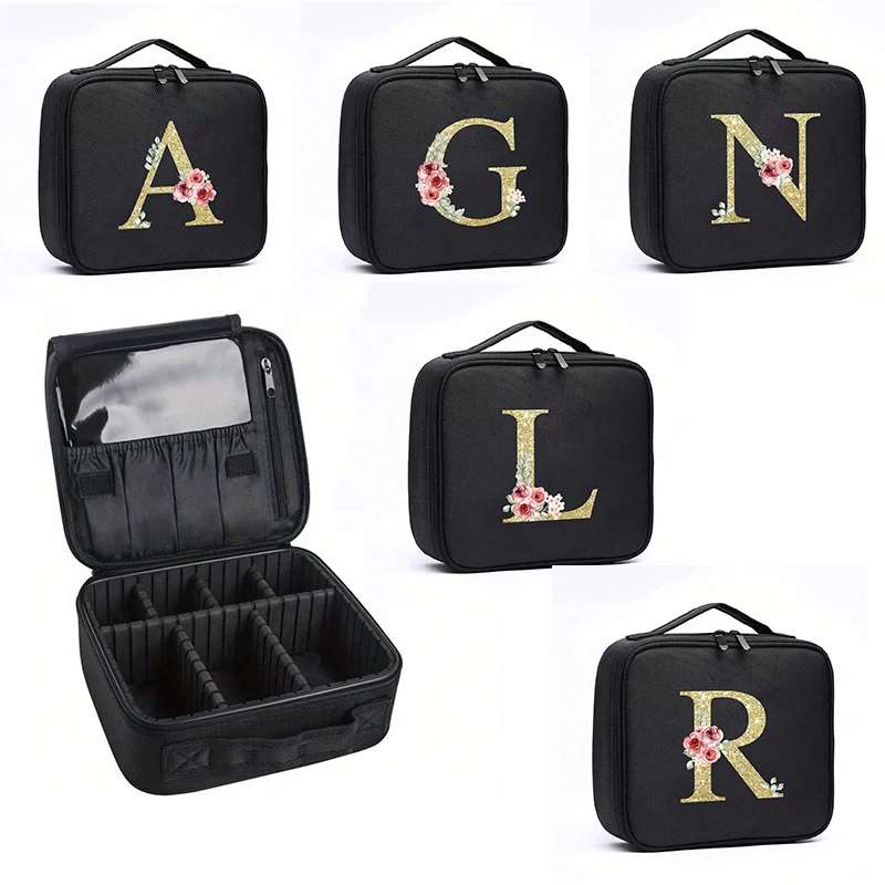Gold letter print and black shell with adjustable dividers, travel makeup bag, large professional portable makeup bag