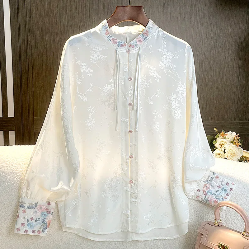 Chinese Style Women's Shirts Embroidery Loose Vintage Blouses Printed Satin Clothing Fashion Long Sleeves Tops YCMYUNYAN