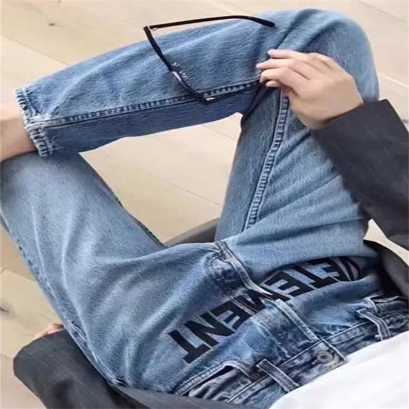 VEEMENTS2023 New French Fashion Trend Vite Cute Letter Embroidery Logo Jeans Blue Men's and Women's Wash Printing Jeans 2023 summer new d2 jeans shorts men s deep blue wash micro elastic splice slim fit printing letter fashion