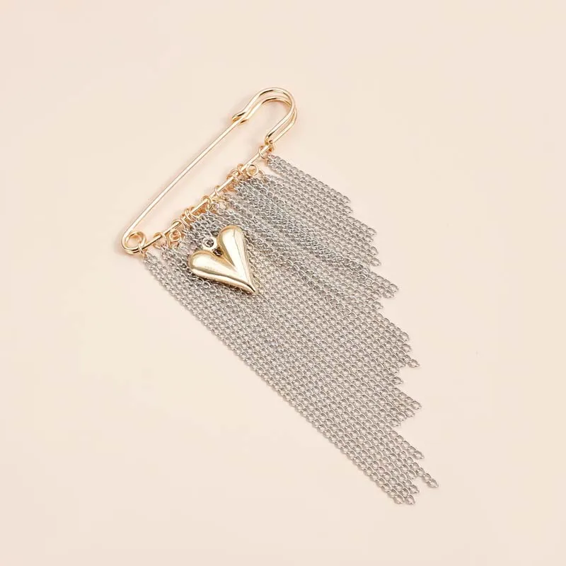 Metal Heart Tassel Brooch Exaggerated Silver Color Pearl