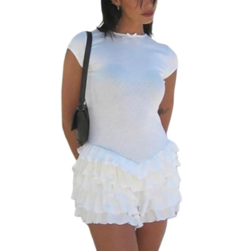 y2k Mini Skirt Women Fairycore Clothes Lace Trim Elastic Waist A-line Layered Ruffle Skirts Party Skirts Streetwear