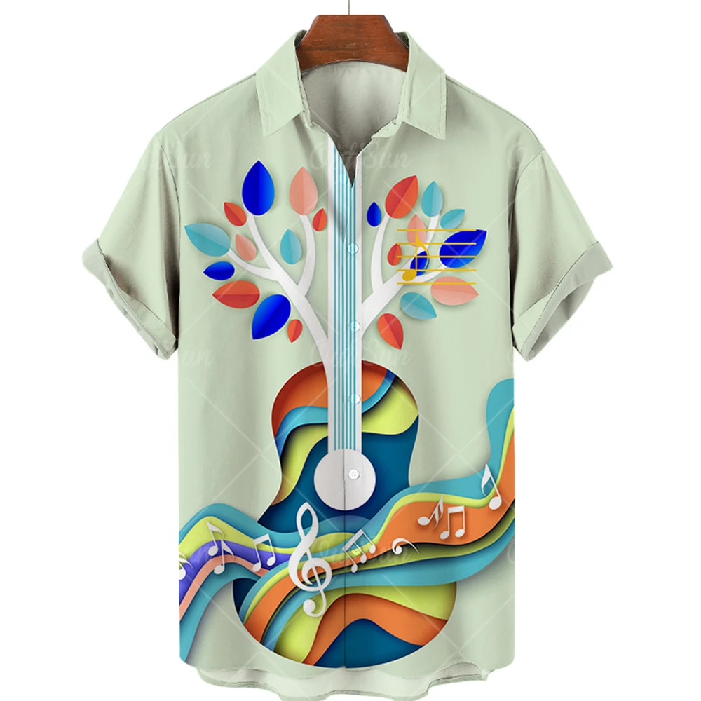 Summer Hawaiian Shirts For Men Music Guitar Printed Tops Clothing Fashion Casual Oversized Collar Rock And Roll Blouses 3