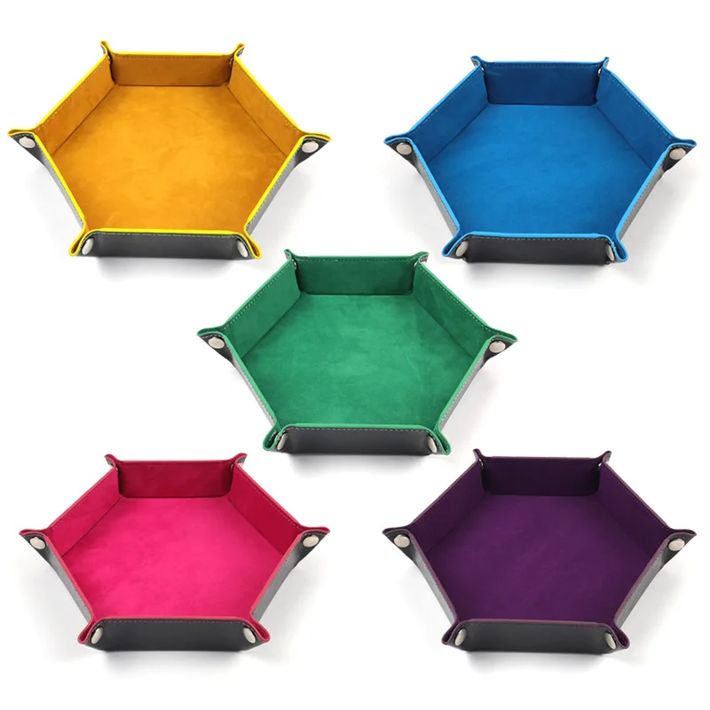 Foldable Hexagonal PU Leather Dice Tray with Flannel Lining - Portable Storage Box for Tabletop Games and Office Accessories
