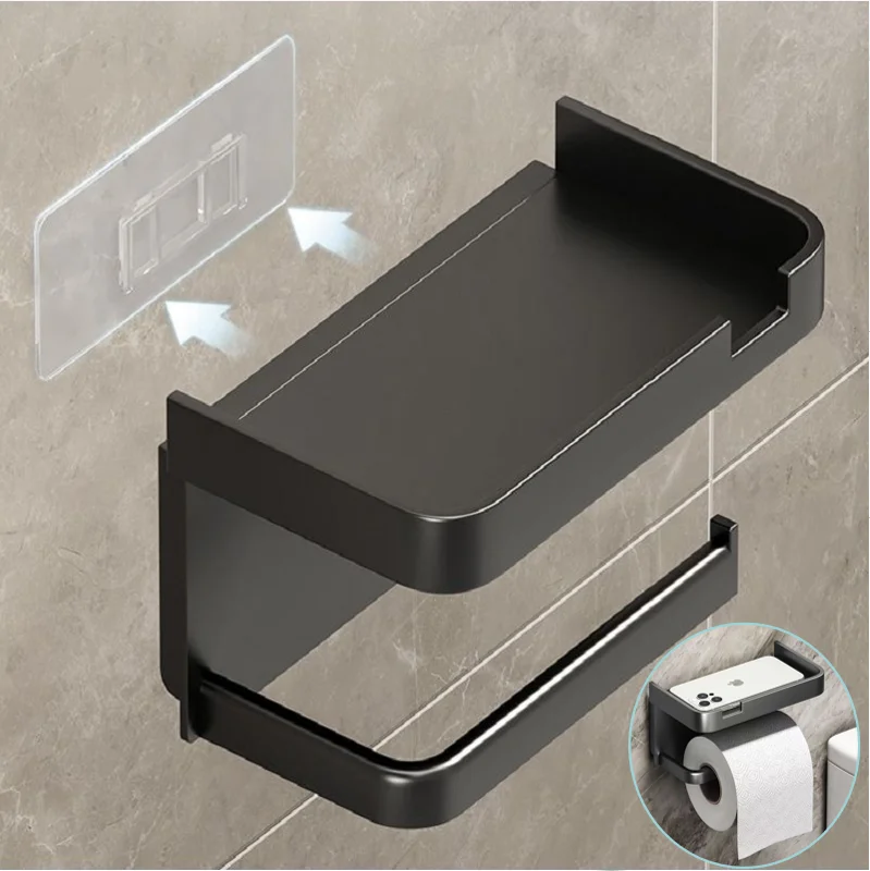 ABS Toilet Paper Holder Black No Drill Kitchen Storage Bathroom