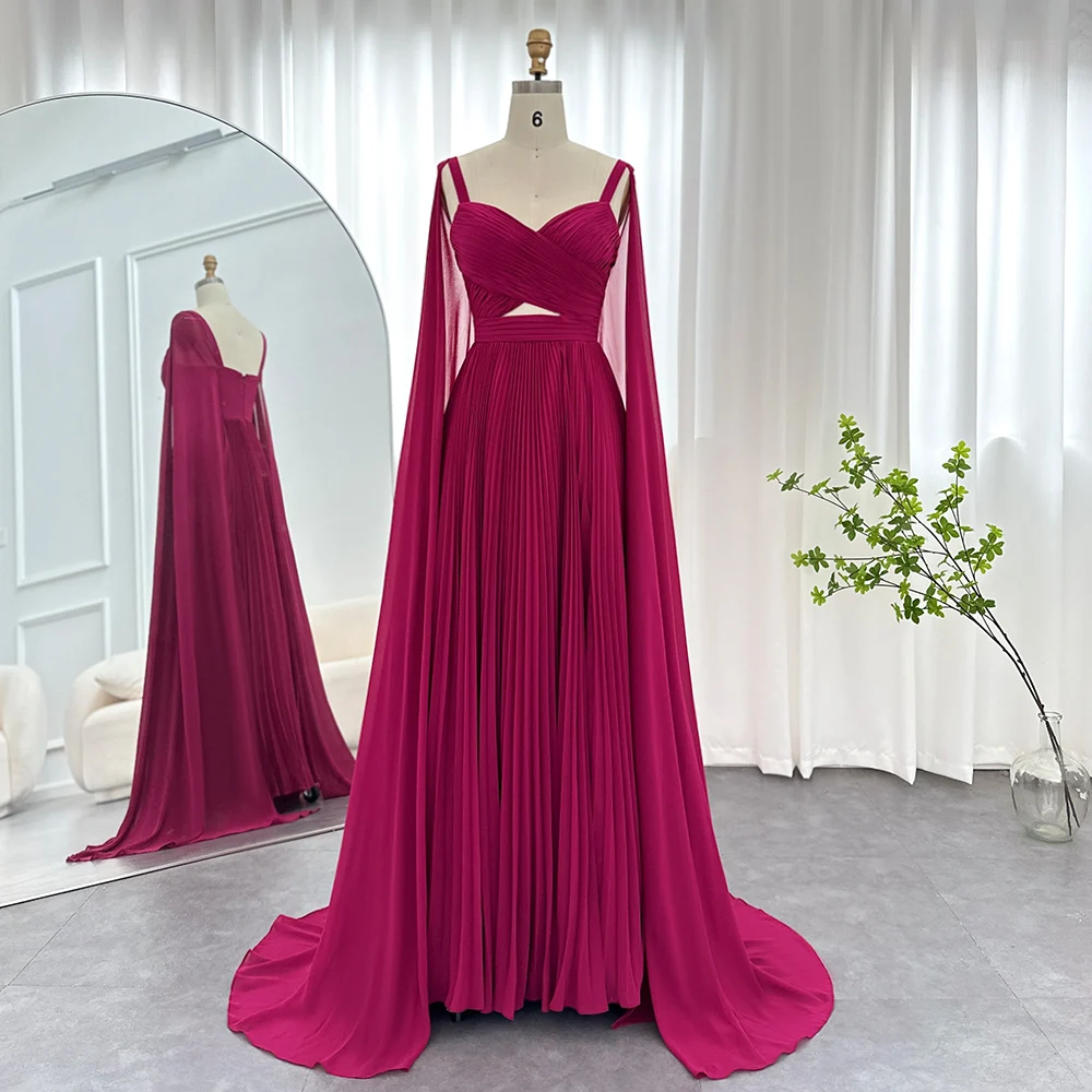 S176e74649e5c4ff8bcbedf5ec6cfe3efu Fuchsia Chiffon Dubai Evening Dresses with Cape Sleeves Yellow Arabic Elegant Women Wedding Party Formal Gowns Mallzona