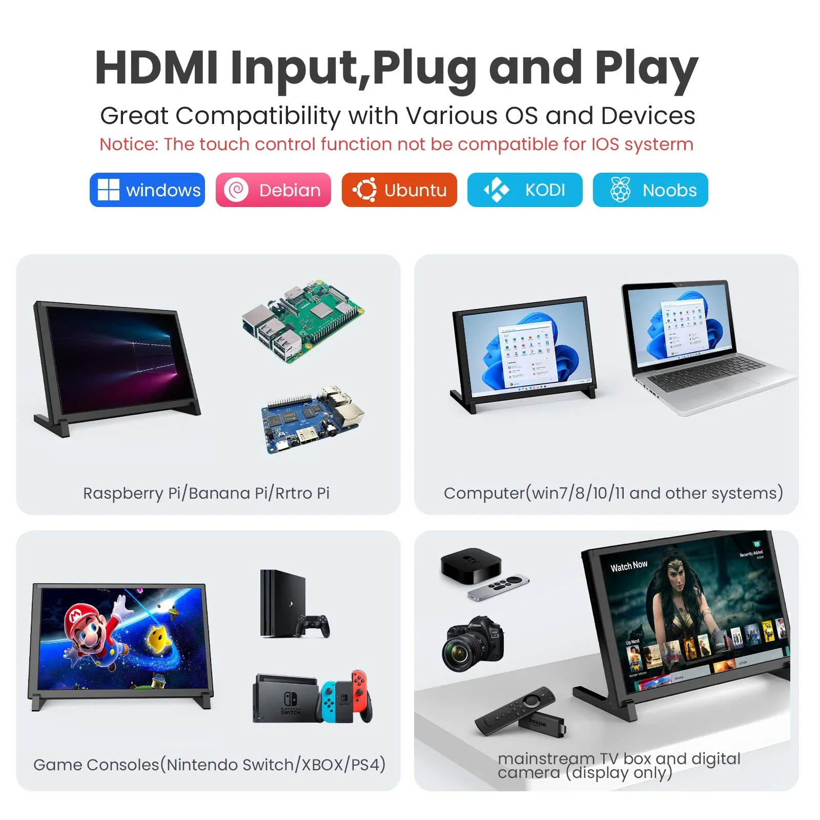HDR 10.1 인치 휴대용 모니터 1280x800 IPS 정전식 터치 스크린, 라즈베리 파이 4B, 3B +, 3A +, 2B 바나나 파이 Win7, 8, 10/11 용