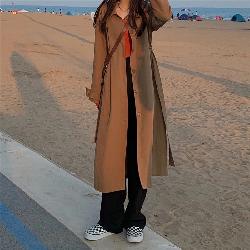 

Autumn 2022 Korean Classic Versatile Loose Collar Button Mid Length Trench Coat For Women Free Shipping