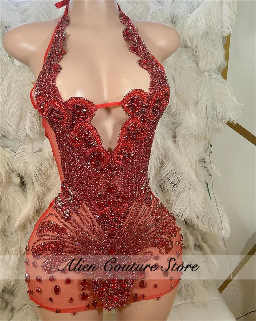 Sparkly red rhinestones short prom dress glitter beads diamonds crystal birthday party gown cocktail halter customized