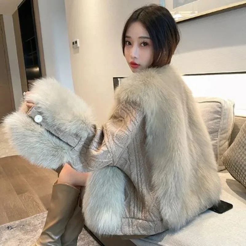 Elegant Women Faux Fur Coat Autumn Winter Female Imitation Fox Fur Patchwork Knitting Sweater Design Sense Loose Casual Outwear