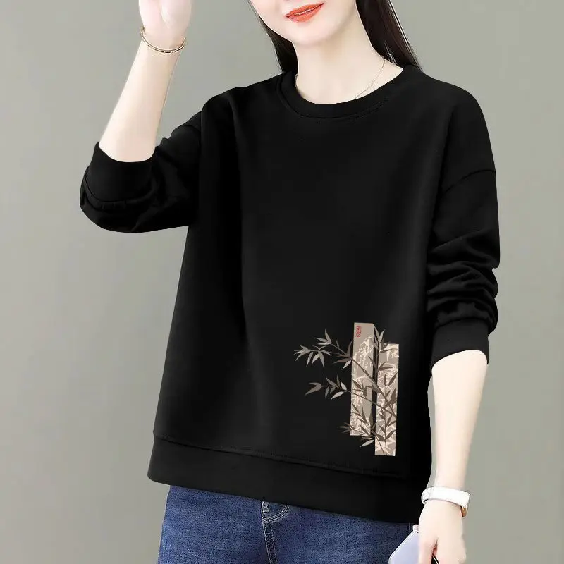 All-match Lantern Long Sleeve Round Neck Plant&Flowers Printing Pullover Women's Loose Fashionable Spring Autumn Hoodies Tops