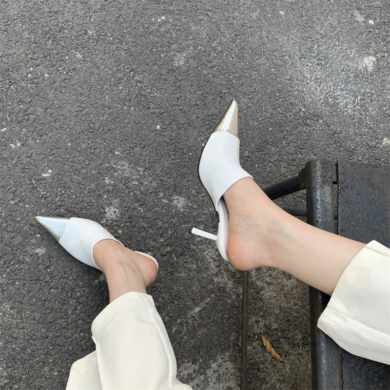 2024 New Summer Fashion Silver Women Slippers Thin Low Heels Female Pointed Toe Design Slip On Summer Ladies Mules Slides Shoes