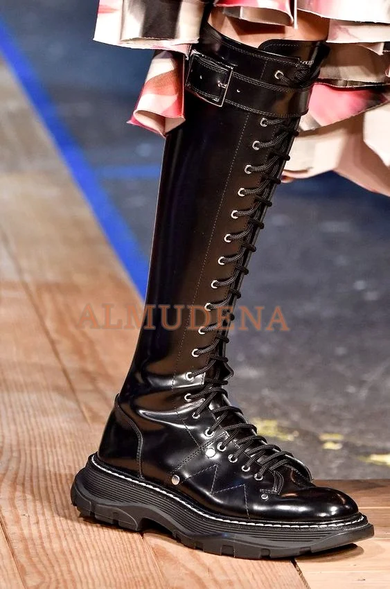 

Women Black Leather Lace up Thick Sole Flats Knee High Boots White Zip Round Toe Belt Comfy Luxury Designer Shoes 2022 Fall