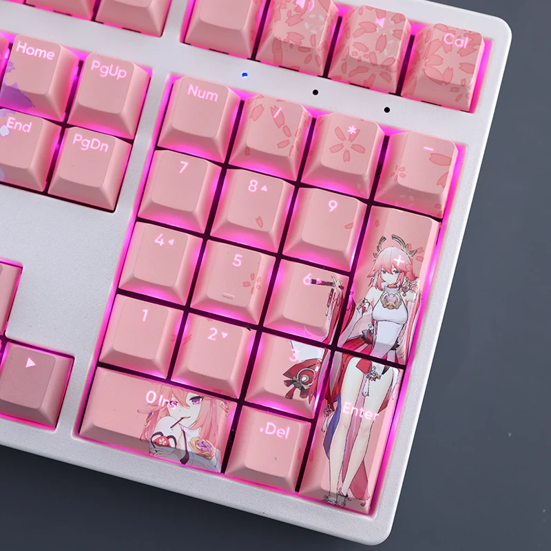 Teclas Conjunto Genshin Impacto Yae Miko Keycap Pbt Tintura Sub Backlit Keycaps Anime Gaming Key Caps para Ansi 61 87 104 108 Teclados 108 - Imagem 2