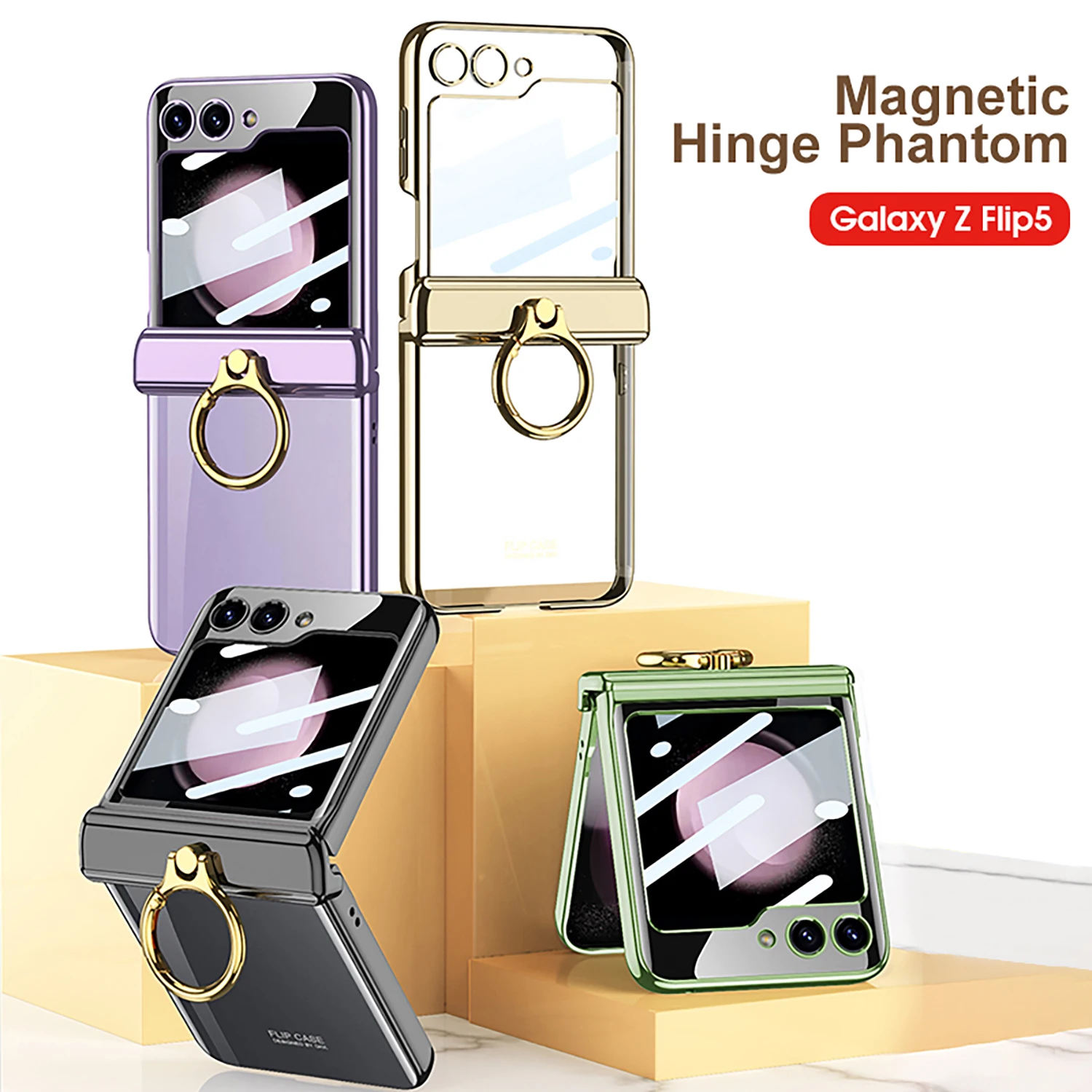 For Samsung Galaxy Z Flip 5 Case Electroplating Transparent Magnetic Folding Hinge Ring Bracket With Mirror Film Shockproof Case