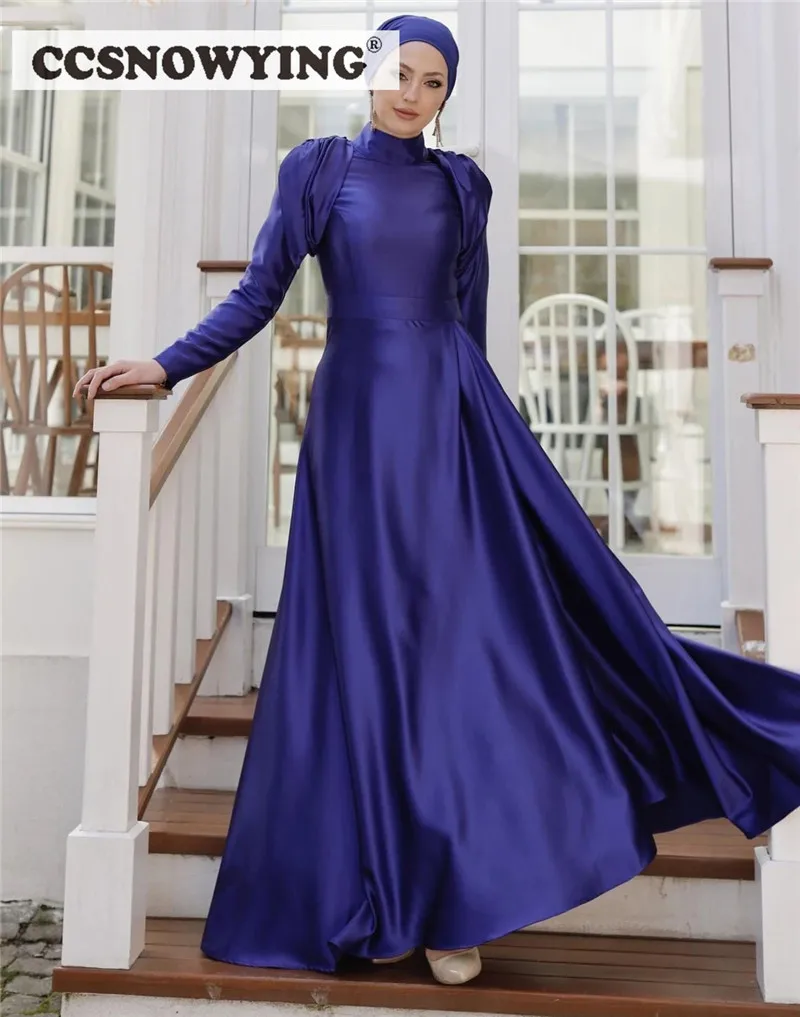 

Luxury Satin High Neck Muslim Hijab Evening Dress Islamic Long Sleeve Formal Party Gowns Arabic Dubai Women Robes De Soirée