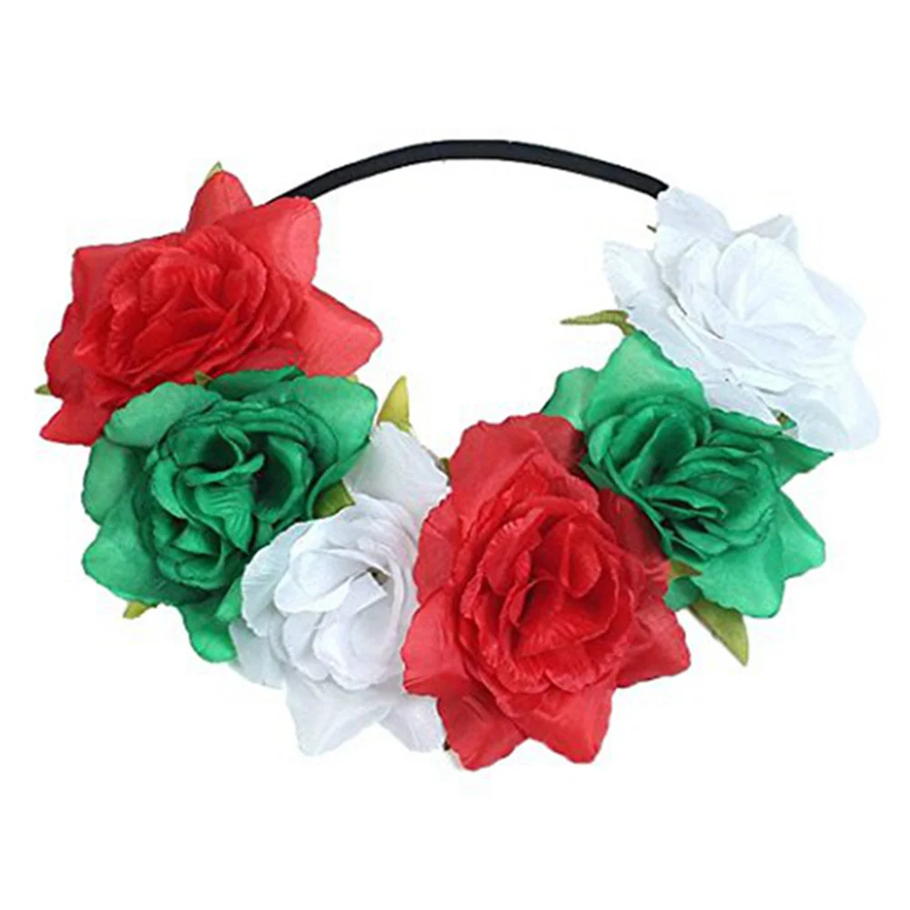 Elegant Floral Headband with Red and Green Accents Mexican Flower Crown Headband (red White Green Costume Day  main image 4