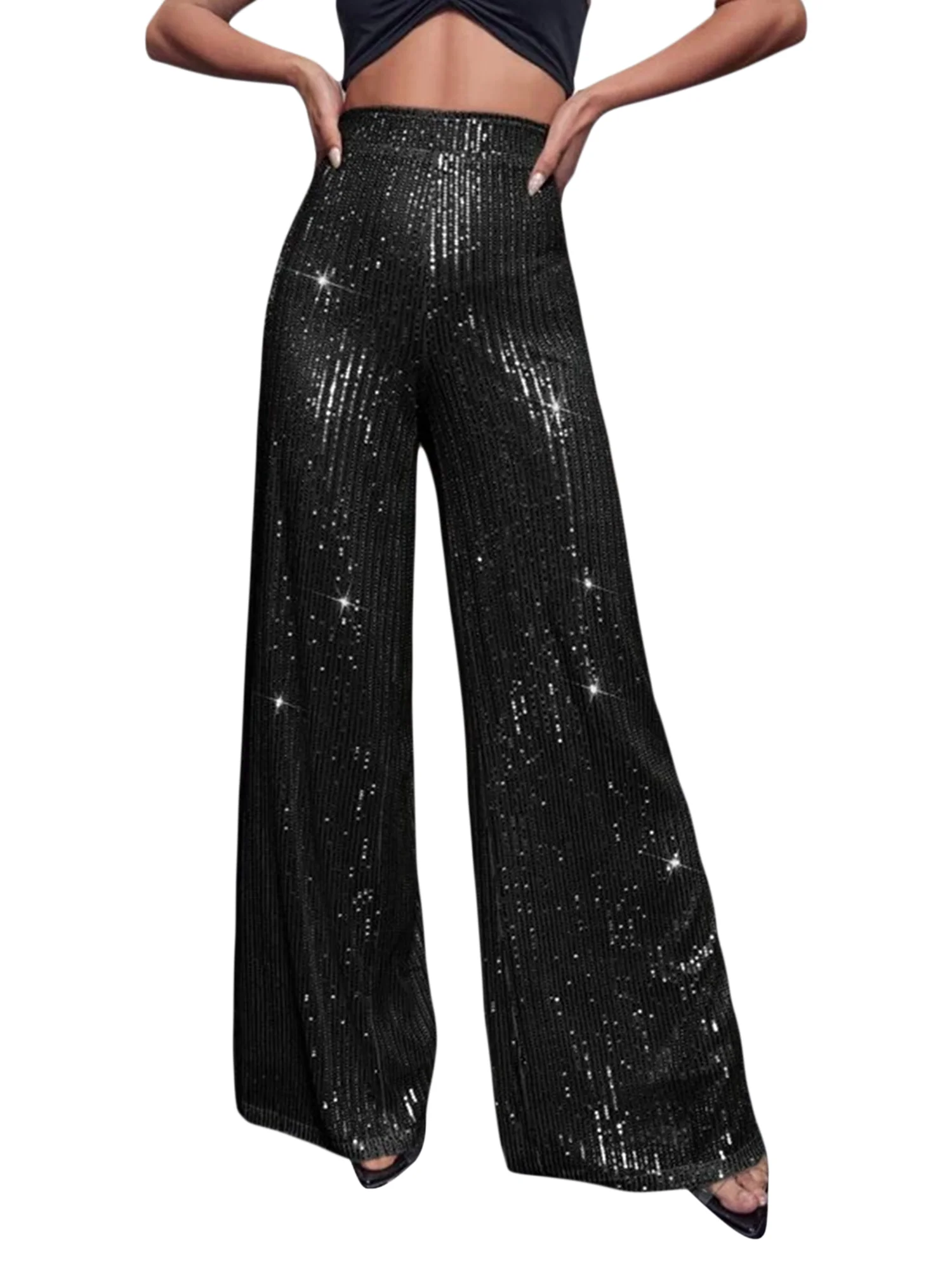 

Women Sparkle Sequin Bell Bottom Pants High Waist Glitter Wide Leg Flare Palazzo Lounge Long Loose Elastic Pants Trousers Night