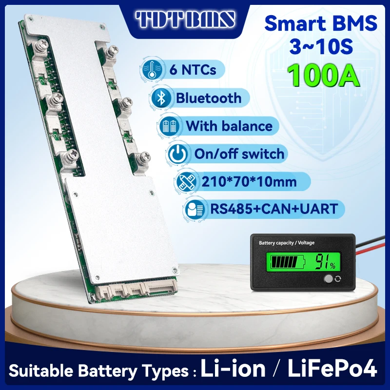 

TDT Smart BMS 3S 4S 7S 8S 10S 12V 24V 36V 5A 10A 20A 30A 50A 60A 80A 100A LiFePo4 Li-Ion Battery Pack with BT UART RS485