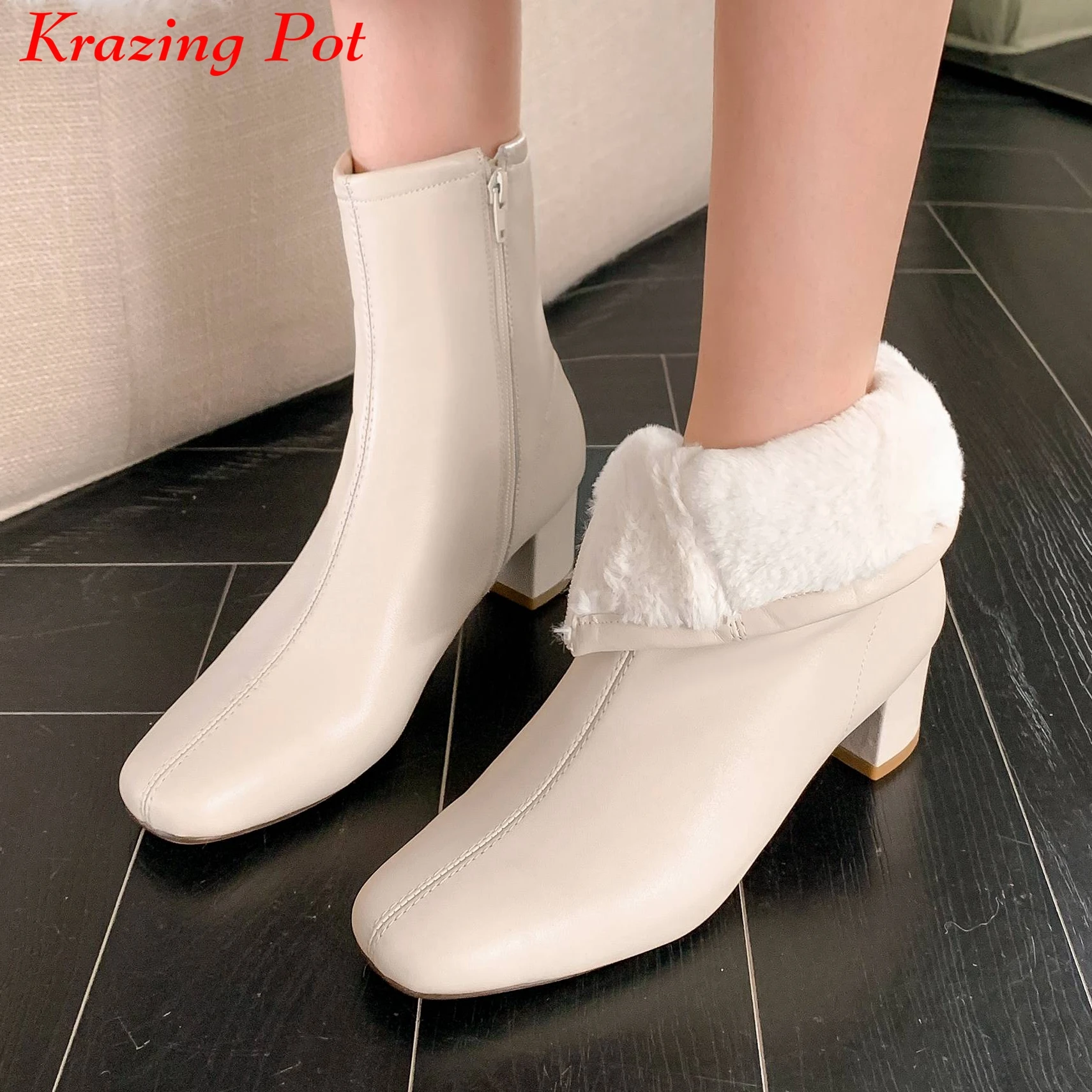 

Krazing Pot Cow Leather Square Toe Med Heels Snow Boots Keep Warm Fur Modern Non-slip European Style Zipper Brand Ankle Boots
