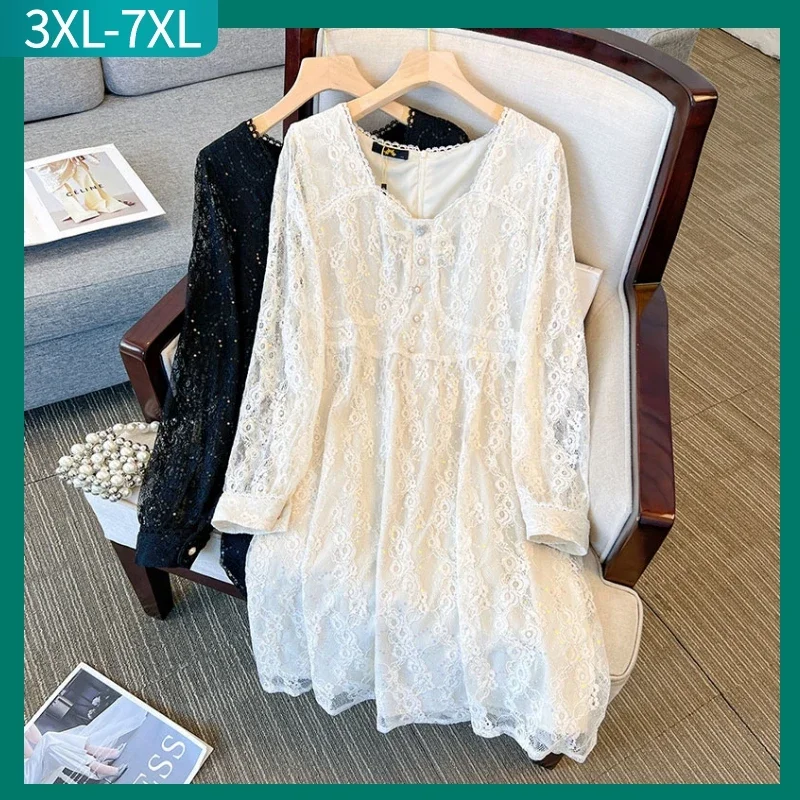 

Ladies Autumn Winter Plus Size Lace Dress Women Long Sleeve Cotton White Black Elegant Midi Dresses 3XL 4XL 5XL 6XL 7XL Clothes