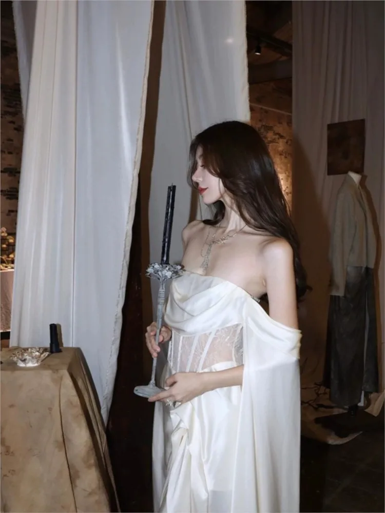Robe de Cérémonie en Satin Blanc pour Adulte, Haut Tube observateur et Luxueux, Style Français