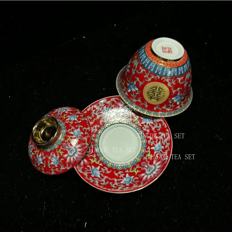 Chinese Wedding Tea Set Enamel Color Ceramic Gaiwan Handmade Beauty Teacup Custom Teaware Gift Exquisite Portable Tea Bowl