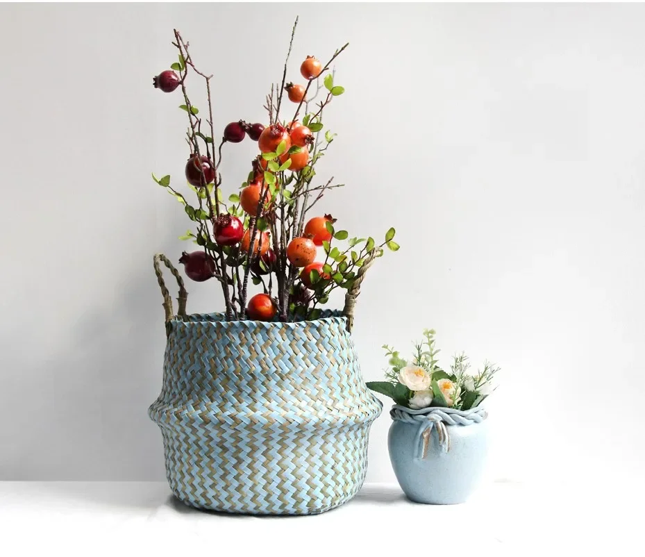 Boho Decor Striped Wicker Storage Baskets Handmade Collapsible Laundry Basket Patchwork Seaweed Flower Belly Garden Flower Pot 4