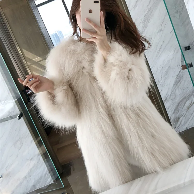 Raccoon Fur Woven Coat for Women Medium Length Fur Coat for Women‘s Clothing Autumn Winter 2023 Long Sleeve Jackets Thick Warm