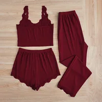 Ensemble de pyjamas 3 pièces pour femmes, vêtements de nuit, débardeur uni, shorts et pantalon, avec empiècements en dentelle, pour la maison et les loisirs 2