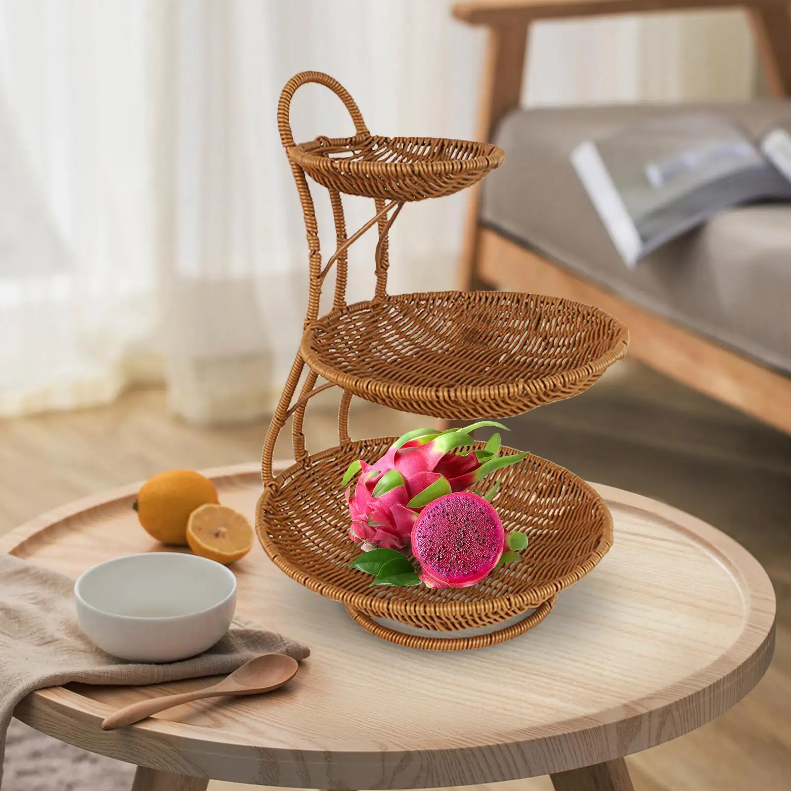 Round Food Serving Basket Storage Rack Snacks Holder for Toiletries Lightweight Multipurpose with Top Handle Imitation Rattan