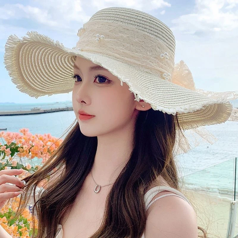 Summer Beach Sunshade Straw Hat Women's Beach Vacation Sunscreen Hat Big Brim Straw Knitted