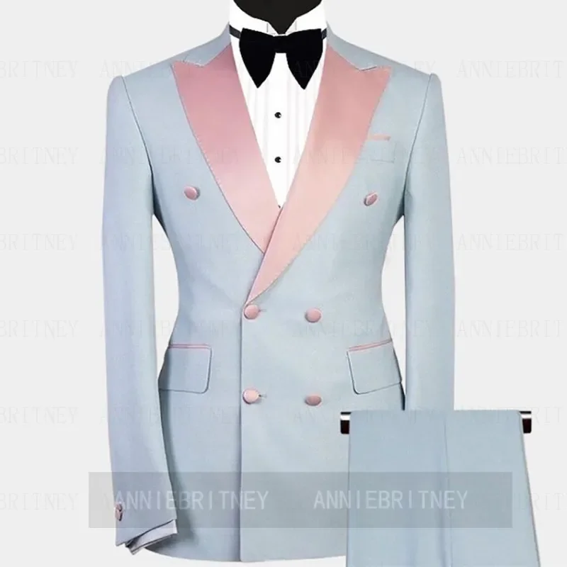 Sky Blue Double Breasted Elegant Men Suit Formal Groom Tuxedo Prom Slim Fit Blazer High Quality 2 Piece Set Costume Homme