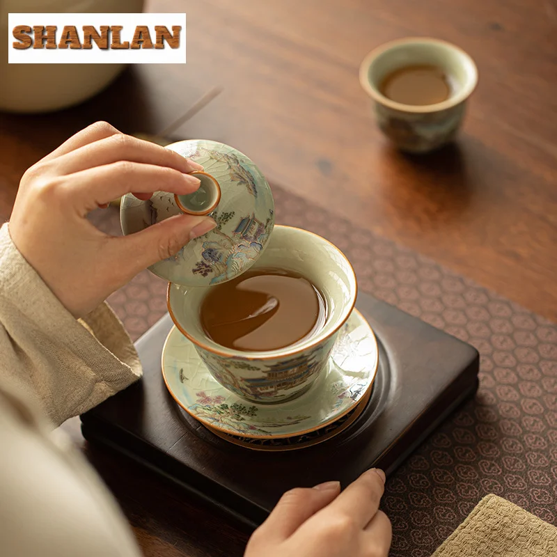 Retro Ru Kiln Sancai Cover Bowl Gold Painting Landscape Teapot Tea Maker Kettle Tea Cup Dahongpao Ceremony Accessories Craft