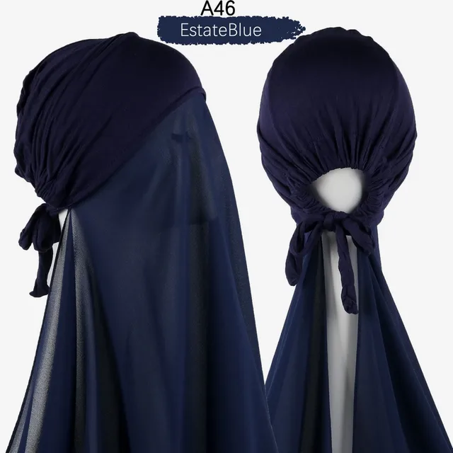 Muslim Women Chiffon Hijab With Cap Bonnet instant Chiffon Hijab Pinles Shawl Head Scarf Under scarf Caps Cover Headwrap A46