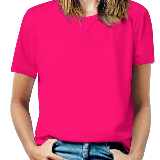 Camiseta de neón Rosa fluorescente superbrillante para mujer, Camisetas estampadas de primavera y verano, de cuello redondo, Top fluorescente brillante _ AliExpress Mobile