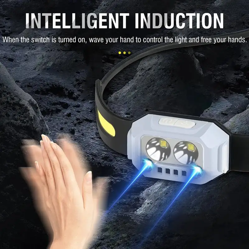 USB-C 충전식 생활 방수 헤드램프, 2 * LED + 2 * COB 모션 센서 헤드라이트, 69g 경량, 4 가지 조명 모드, 2000mAh 배터리