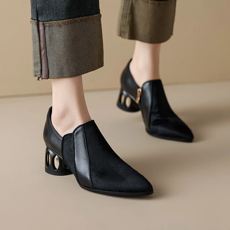 

NEW Spring/Autumn Women Pumps Gebuine Leather Shoes for Women Pointed Toe Round Heel Women Shoes Horsehair High Heel Zip Shoes