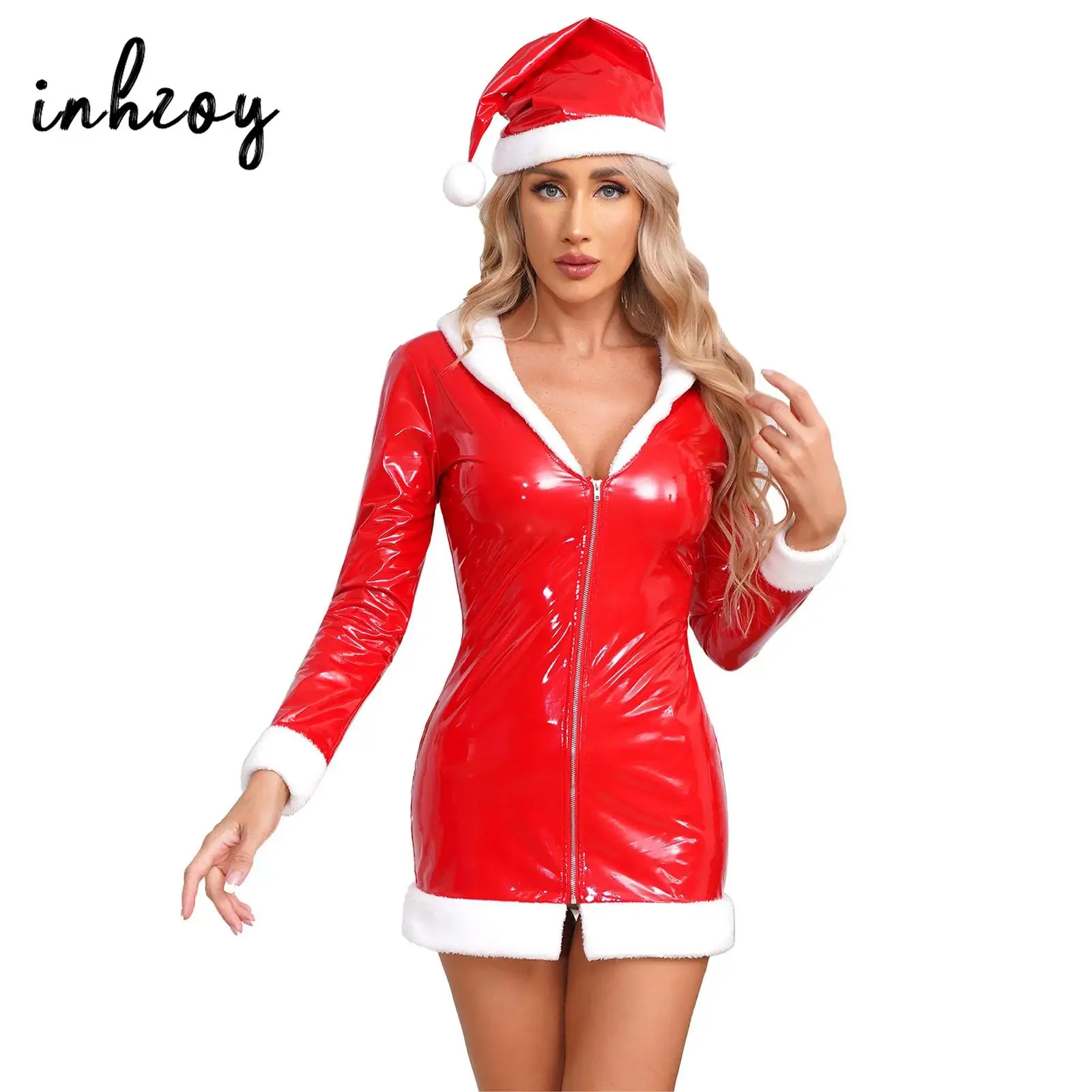 

Womens Wet Look Patent Leather Christmas Dress Sexy Santa Claus Costume Long Sleeve Zipper Bodycon Mini Dress with Hat Clubwear