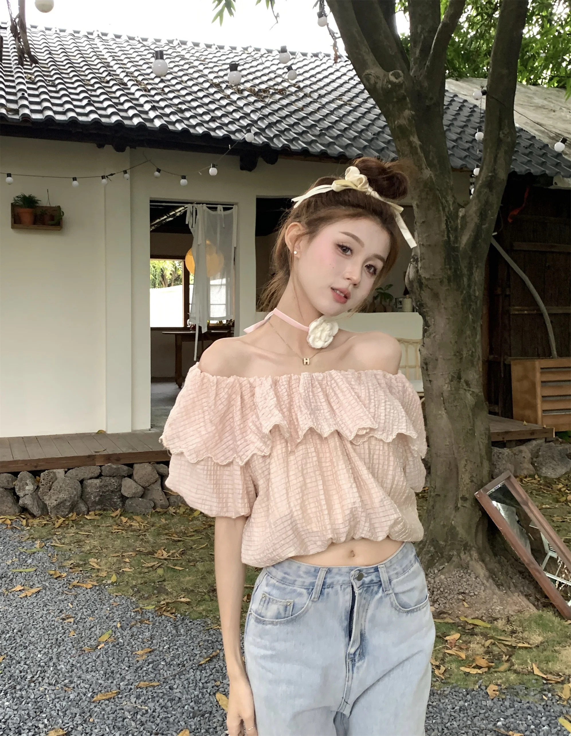 

Women Blouse Shoulder Ruffled Edge Lattice Short Sleeve Sweet French Style Sexy Pretty Chiffon Party for Girls