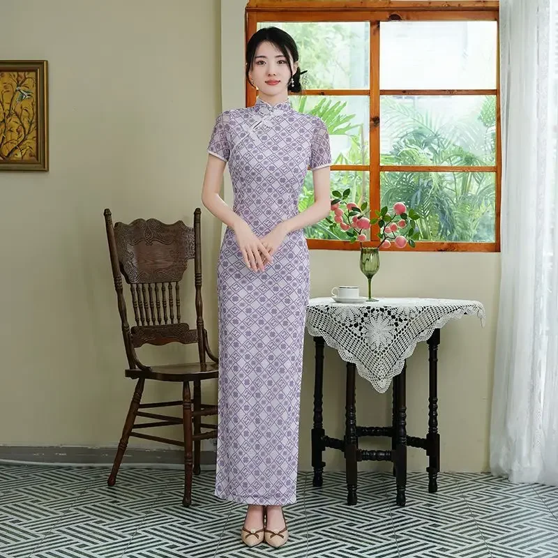 

7 Colors Improved Long Cheongsam Women Elegant Dress Plus Size Chinese Style Show Evening Dress Female Short Sleeve Retro Qipao