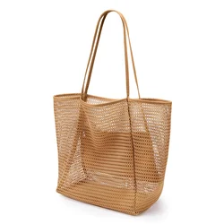 Women's Large Capacity Beach Tote - Durable Woven Shoulder Bag (Dark Khaki)