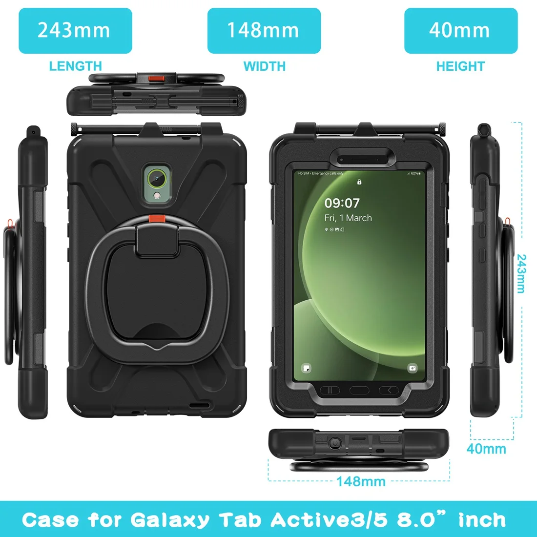 Heavy Duty Robusto Case Protetor 360 ° Kickstand Rotativo Handle Grip Alça de Ombro para Samsung Galaxy Tab Active Sm-x306b - Imagem 2