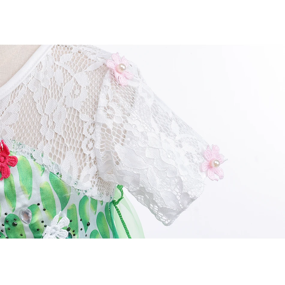 Elsa Green Dress for Kids Girl Princess Costume Dresses Children Long Cloak Floral Lace Ball Gown Summer
