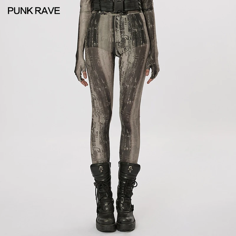 

PUNK RAVE Women's punk Pants Tight Printing Mesh Leggings Decayed Feeling Sexy Personality Street Wear Pants