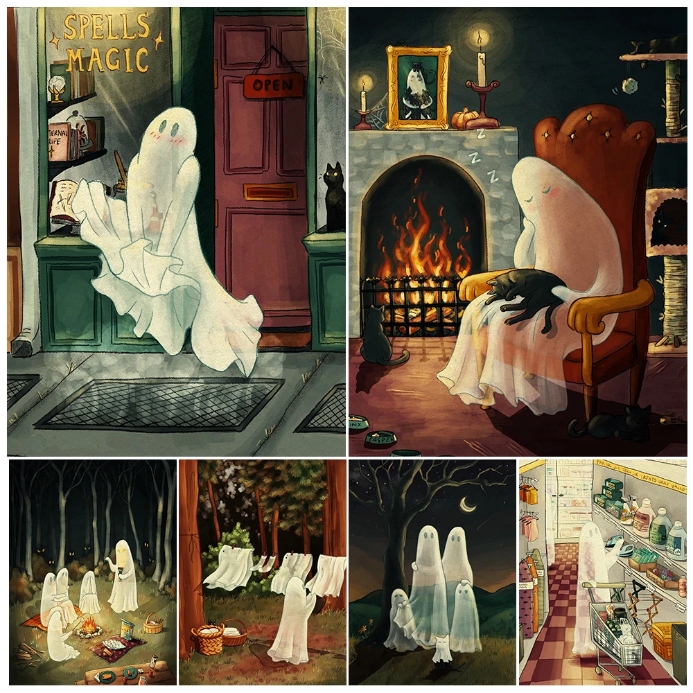 

Spell Shop,Spooky Grocery,Cat Ghost Lady,Camping Ghost Wall Art Poster Print Lovely Ghost Life Canvas Painting Home Decoration