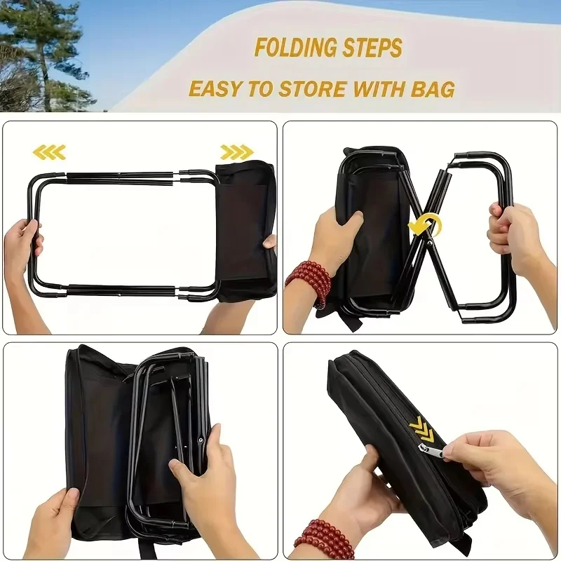 Tabouret pliant portable avec structure en fer robuste, idéal pour les activités de plein air comme le camping, la pêche et les pique-niques