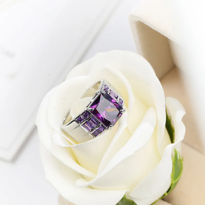 Elegant Purple Zircon and Multicolor Birthstone Sterling Silver Wide Ring
