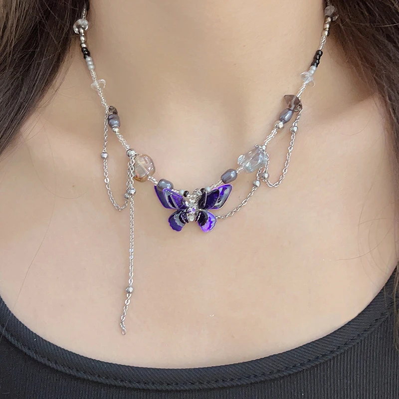 

New Fashion Purple Butterfly Necklace Women's Fashion Irregular Beaded Double Layer Collar Chain Personalized Neckchain