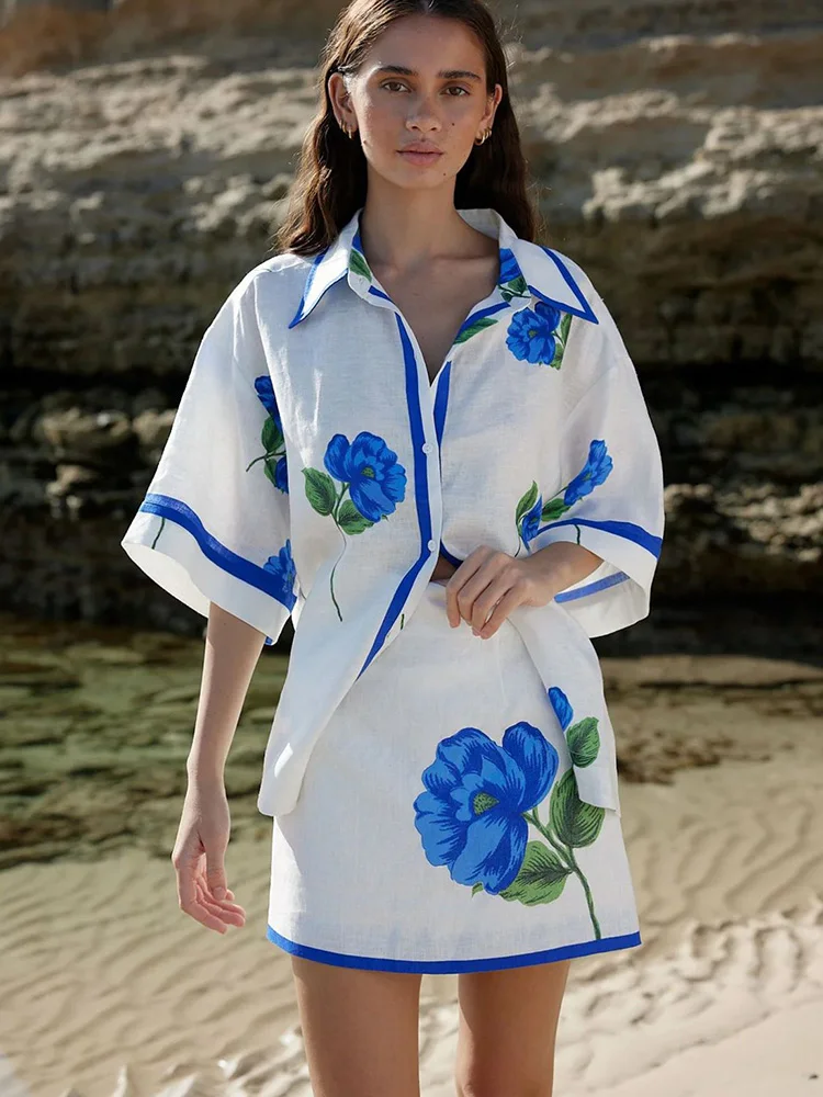 2 piece Skirt Set Women Set Spring Summer Loose Floral Printed Blouse Shirt And Mini A-line Skirts Loose 2 Pes Sets For Female