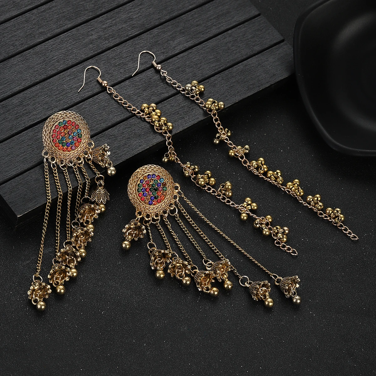 2024 Retro Long Tassel Earrings Women Gold Color Female Round Crystal Chain Bell Drop Earrings Indian Jewelry Accessories Gift